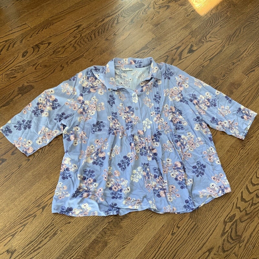 WOMAN WITHIN Blouse Sz 4X 34/36 Purple Floral Pintuck Relaxed Boho Tunic Top NWT